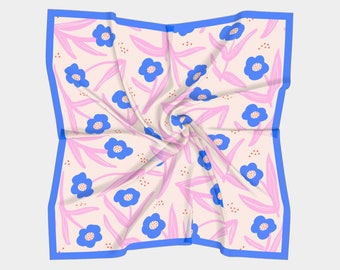 Silk Square Scarf with Hand drawn Pink & blue flower