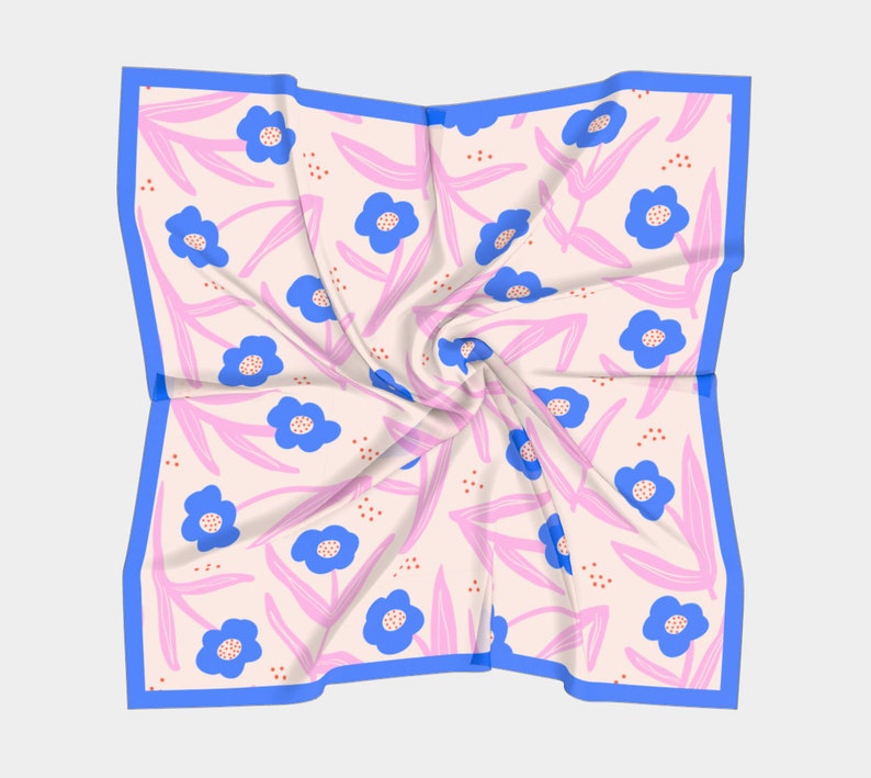 Silk Square Scarf with Hand drawn Pink & blue flower image 7