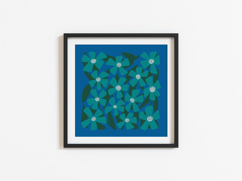 Blue and Green Flowers Square Art Print image 3