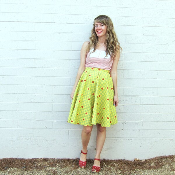 Vintage Circle Skirt Polka Dot Ladybug Novelty Print Yellow Green Red Handmade Medium M