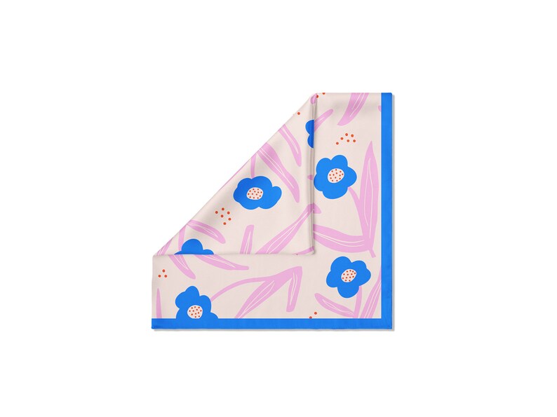 Silk Square Scarf with Hand drawn Pink & blue flower image 6