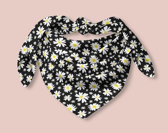 Retro Flowers Square Silk Scarf Black and White Daisies