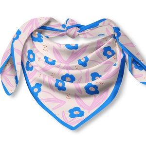 Silk Square Scarf with Hand drawn Pink & blue flower image 3