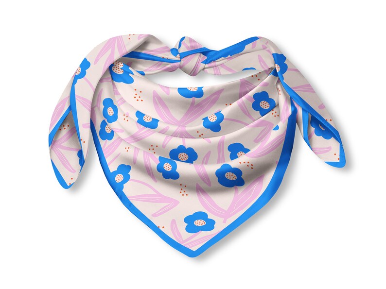 Silk Square Scarf with Hand drawn Pink & blue flower image 3