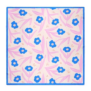 Silk Square Scarf with Hand drawn Pink & blue flower image 2