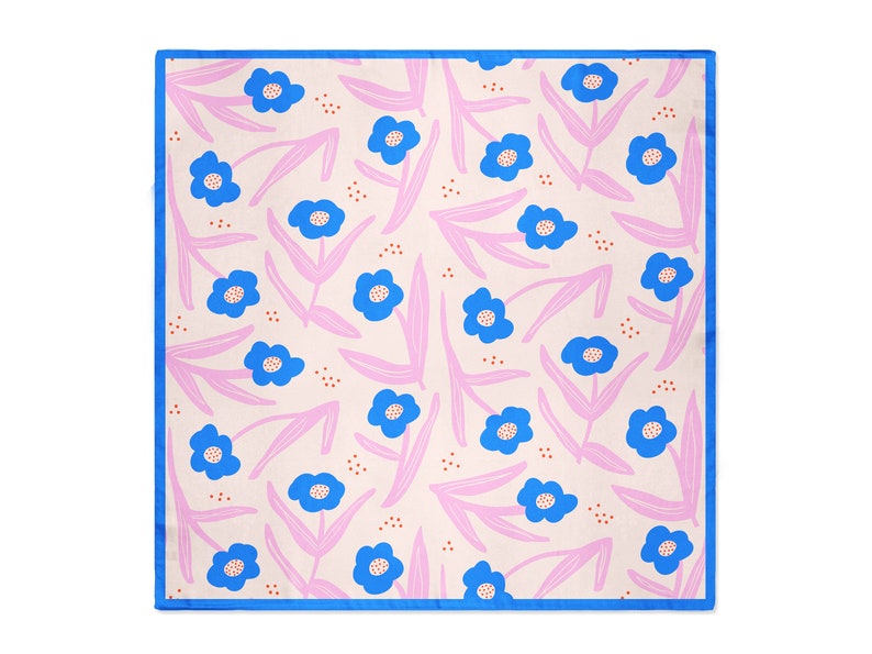 Silk Square Scarf with Hand drawn Pink & blue flower image 2