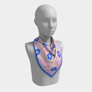 Silk Square Scarf with Hand drawn Pink & blue flower image 5