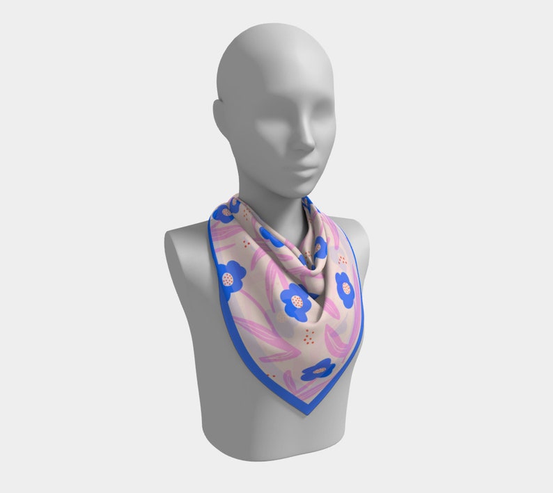 Silk Square Scarf with Hand drawn Pink & blue flower image 5