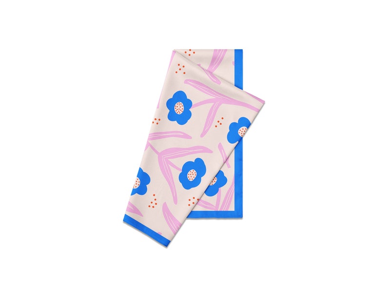 Silk Square Scarf with Hand drawn Pink & blue flower image 8