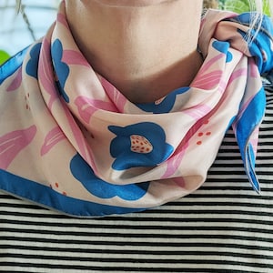 Silk Square Scarf with Hand drawn Pink & blue flower image 1