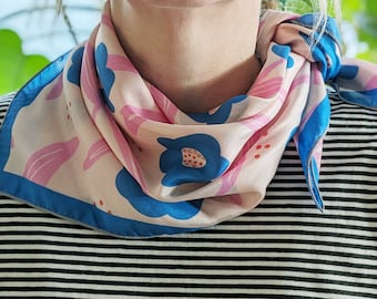 Silk Square Scarf with Hand drawn Pink & blue flower