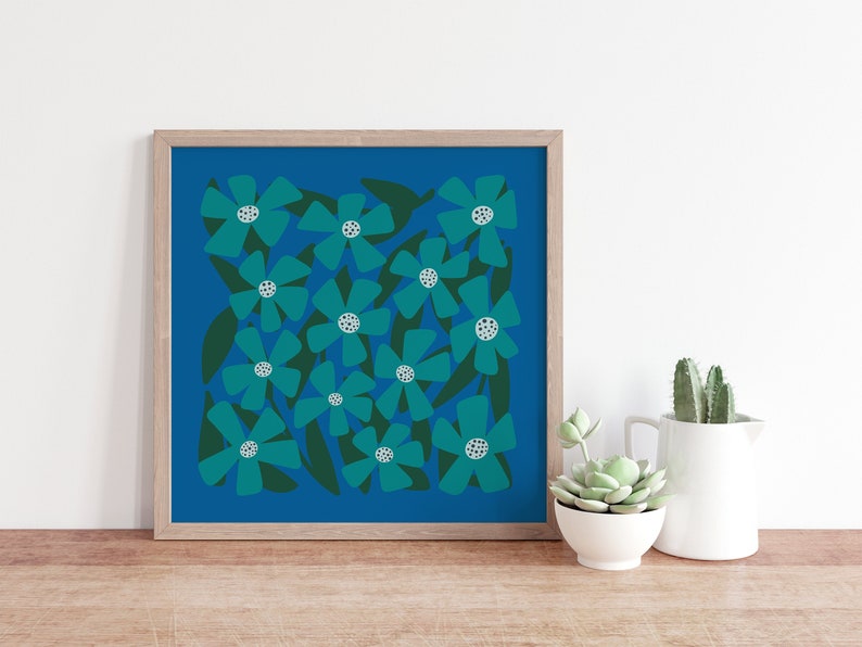 Blue and Green Flowers Square Art Print image 1