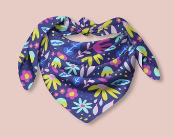 Square Silk Scarf Organic Shapes & Flowers Bright Colors Dark Blue