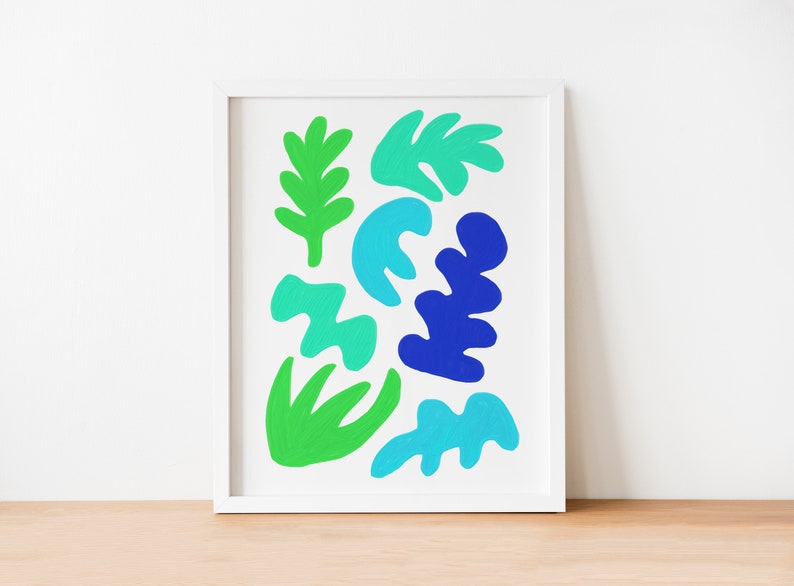 8x10 Blue Green Abstract Shapes Art Print image 1