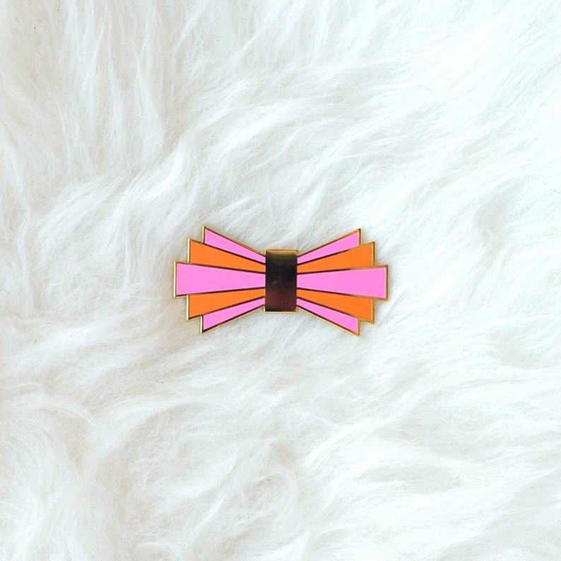 Enamel Pin, Bow Tie, Art Deco Design, Brooch Pink Orange image 1