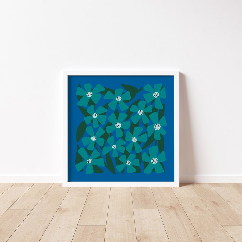 Blue and Green Flowers Square Art Print image 2