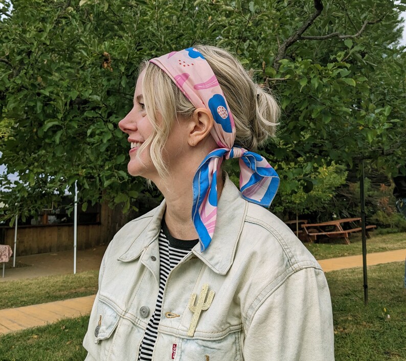 Silk Square Scarf with Hand drawn Pink & blue flower image 4