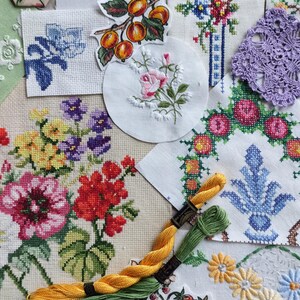 A set of vintage-style fabrics with floral motifs slow sewing, fabrics, materials for creating mixed media, collage