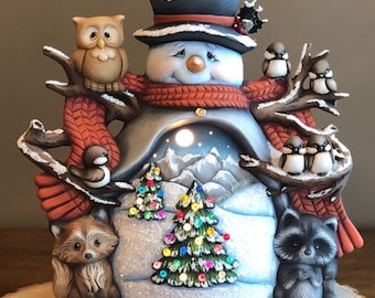 Woodland Snowman with scene Ready to Paint - UNPAINTED please read policies before ordering-with HOLES and pins