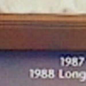 May include: A wooden display shelf with a light-colored object on top. The shelf is brown and has a rectangular shape. Text on the image reads "1987 1988 Long Base". The background is a gradient of blue and purple.