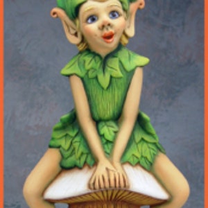 May include: A whimsical garden pixie figurine. The pixie, with leaf-shaped attire, sits atop a mushroom. The figurine is 17 inches tall and 8.25 inches wide, with a base. The pixie has blue eyes and a surprised expression. The text "Garden Pixie" is visible.