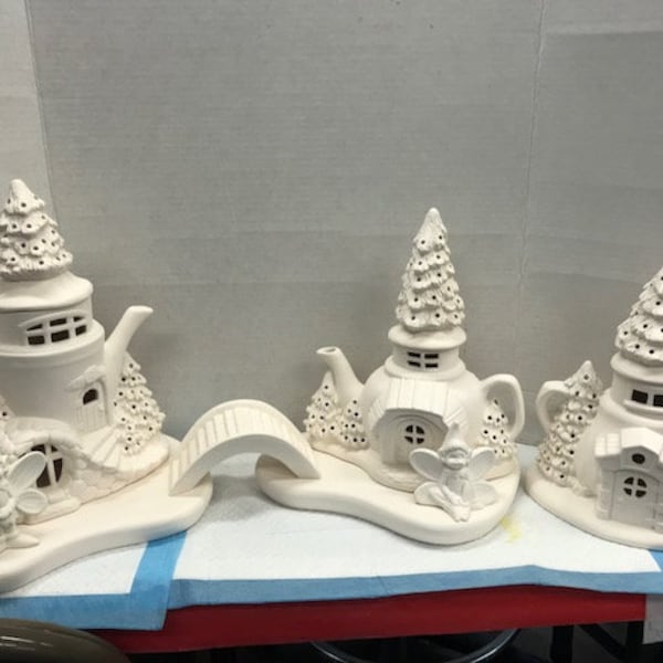 Christmas teapots complete set w/accessories-Unpainted -please read policies before ordering.