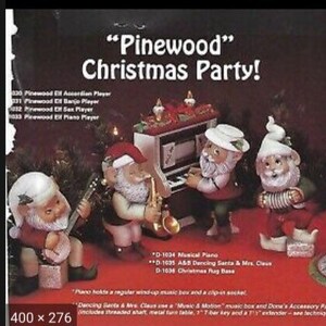 May include: A festive Christmas party scene featuring four elf figurines playing musical instruments. The elves, dressed in red and white, include an accordion player, a banjo player, a saxophone player, and a piano player. The image is labeled "Pinewood Christmas Party!"
