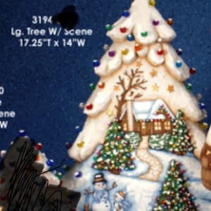 May include: A ceramic Christmas tree with a winter scene. The tree is white with colorful lights and a snow-covered base. The scene includes a house, snowmen, and evergreen trees. The tree is 17.25 inches tall and 14 inches wide.