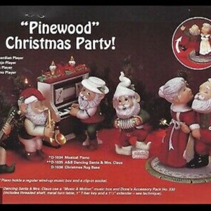 May include: A Christmas-themed display featuring elf figurines playing musical instruments and dancing. The figurines include an accordion player, banjo player, saxophone player, and piano player. The display also includes a dancing Santa and Mrs. Claus figurine. The text "Pinewood Christmas Party!" is displayed.
