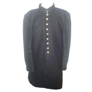 May include: A long, black coat with a mandarin collar and gold-colored buttons down the front. The coat has long sleeves and a tailored fit, suitable for formal occasions or cosplay. The fabric appears to be a medium-weight material.