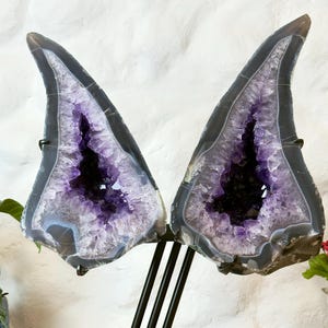 Op de afbeelding: Twee amethist geode helften tentoongesteld op een zwarte metalen standaard. De geodes hebben een donkergrijze buitenkant met een levendig paars kristallen interieur. De standaard heeft een vierkante basis en drie schuine steunstangen.
