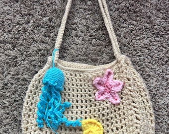 Crochet Beach Bag | Crochet Starfish, Crochet Jellyfish, Crochet Shell, shoulder bag, Beach Bag, Mesh Beach Bag