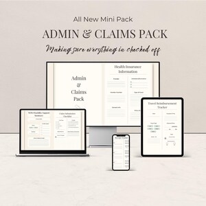 Könnte beinhalten: Ein digitales Produkt-Mockup mit einem Desktop-Computer, Laptop, Tablet und Smartphone, die verschiedene Formulare und Checklisten anzeigen. Der Text auf dem Bildschirm lautet "Admin & Claims Pack" und "Making sure everything is checked off."
