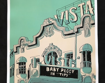 May include: A black and white illustration of a movie theater called "Vista" with the words "Baby Peggy in "Tips" on the marquee. The building has a teal green roof and a light blue sky.