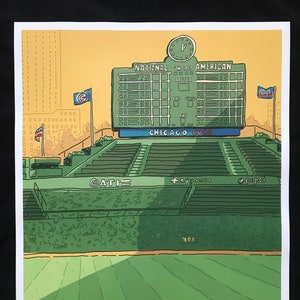 May include: A green and yellow illustration of a baseball stadium with a scoreboard that reads "NATIONAL LEAGUE AMERICAN" and "CHICAGO CUBS".
