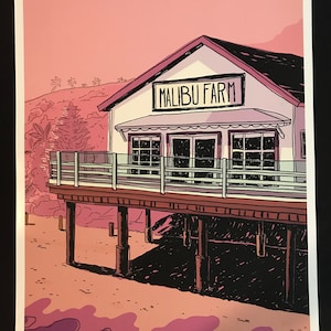 May include: A pink and white illustration of a building with the words "Malibu Farm" on the front. The building is on stilts over a sandy beach with pink and purple waves.