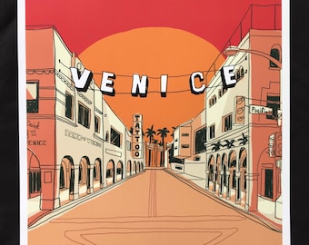 May include: A colorful illustration of a street scene in Venice, California. The street is lined with buildings, and there is a sign that reads "VENICE" hanging above the street. The sky is a vibrant orange and red, and there are palm trees in the background.