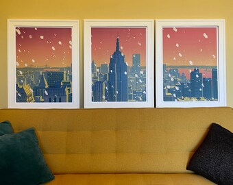 New York City Skyline 80's Snow Sunset