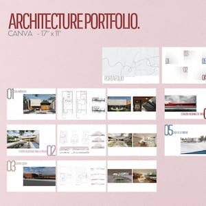 Puede incluir: Diseño de un portafolio de arquitectura en rosa con el texto "ARCHITECTURE PORTFOLIO" y "CANVA - 17" x 11". El portafolio incluye representaciones arquitectónicas, planos de planta y detalles del proyecto, con secciones numeradas.
