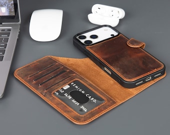May include: A brown leather phone case with a wallet design, featuring card slots and a magnetic closure. The case is shown open, revealing a credit card. A laptop, mouse, and wireless earbuds are also in the image.