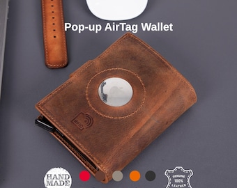 Echtleder Pop-Up Geldbörse mit AirTag Schlitz | TORONATA Douglasie | RFID-Kartenhalter für Männer | Schlanke Smart Wallet (AirTag nicht enthalten)