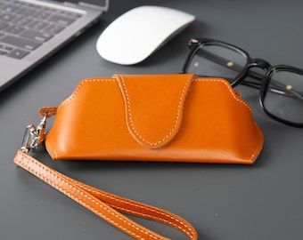 Handmade Leather Glasses Case with Shoulder Strap: Florence Suede-Lined Eyewear Pouch