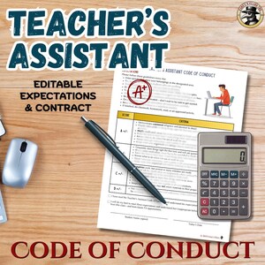Könnte beinhalten: Ein Verhaltenskodex-Dokument für Lehrassistenten mit einem A+ Stempel, einem schwarzen Kugelschreiber, einer silbernen Computermaus und einem grauen Taschenrechner. Das Dokument enthält eine Tabelle mit Bewertungskriterien und ein Unterschriftenfeld.