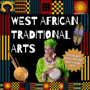 May include: A promotional image for West African Traditional Arts. The image features a woman in a green outfit holding a drum, with text that reads "West African Traditional Arts". Other elements include a mask, musical instruments, and decorative patterns.