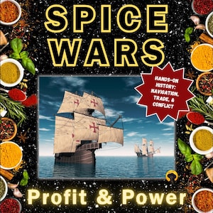 Puede incluir: Imagen promocional de "Spice Wars" con un barco histórico navegando por el océano. La imagen incluye el texto "SPICE WARS", "Profit & Power" y "HANDS-ON HISTORY: NAVIGATION, TRADE, & CONFLICT". El fondo es negro con varias especias.