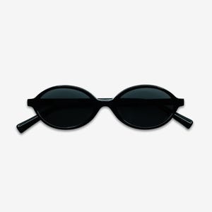 May include: Black oval sunglasses with dark lenses. The sunglasses have a sleek, modern design with a thin frame and straight temples. The sunglasses are set against a white background.