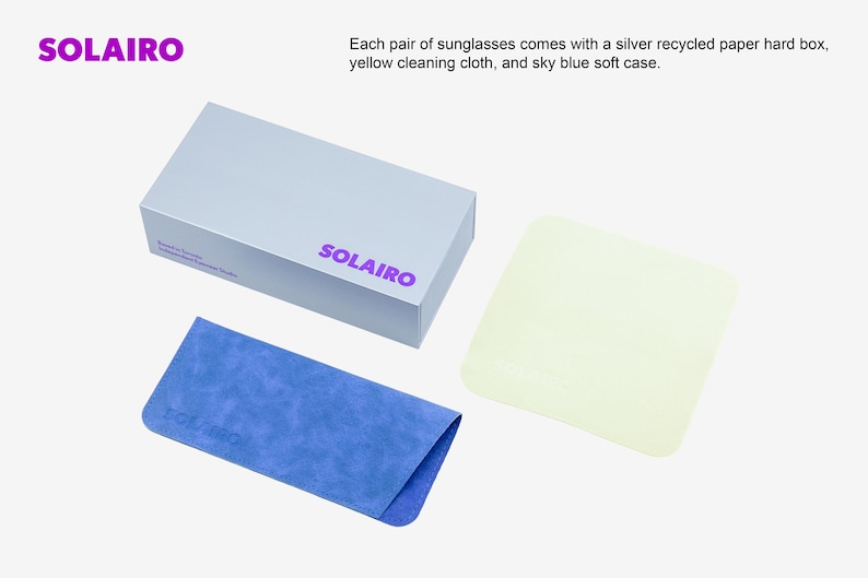 Puede incluir: Una caja gris claro, una funda suave azul cielo y un pa&ntilde;o de limpieza amarillo se muestran sobre un fondo blanco. La palabra "SOLAIRO" est&aacute; impresa en morado en la caja y la funda. El texto de la caja dice "SOLAIRO".