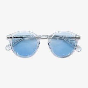 Crystal/Blue Round Sunglasses | Blue Lenses | Polarized UV400 Acetate Frame | Unisex Sunglasses | Solairo 603 Crystal/Sky Blue Lenses