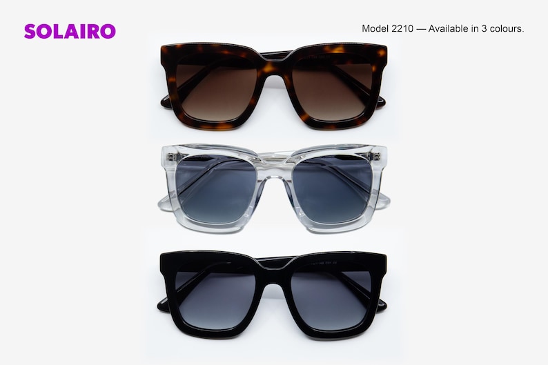 Puede incluir: Se muestran tres pares de gafas de sol sobre un fondo blanco. El par superior tiene una montura carey con lentes marrones. El par del medio tiene una montura transparente con lentes azules. El par inferior tiene una montura negra con lentes azules.