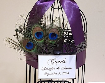 Peacock Feathers with Rhinestone Accent Birdcage- Wedding Card Holder, Peacock wedding